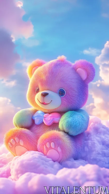 Rainbow plush bear drifts softly atop sherbet clouds