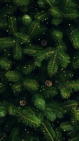 Evergreen fir branches glow softly with festive fairy lights.