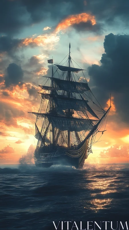 Tall ship cuts through sunset waves beneath storm clouds.