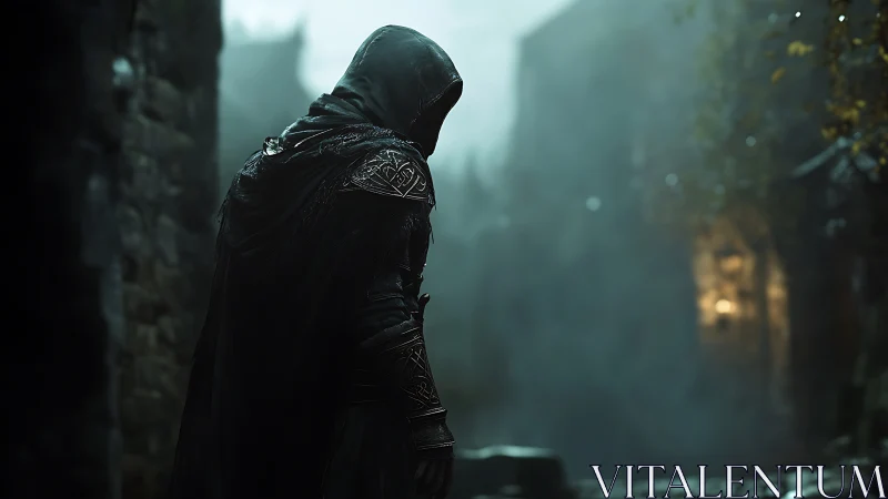 Cloaked rogue pauses in misted medieval alleyway at dusk