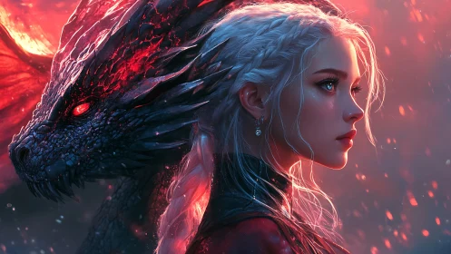 Silver-haired dragon whisperer in emberlit twilight gaze.