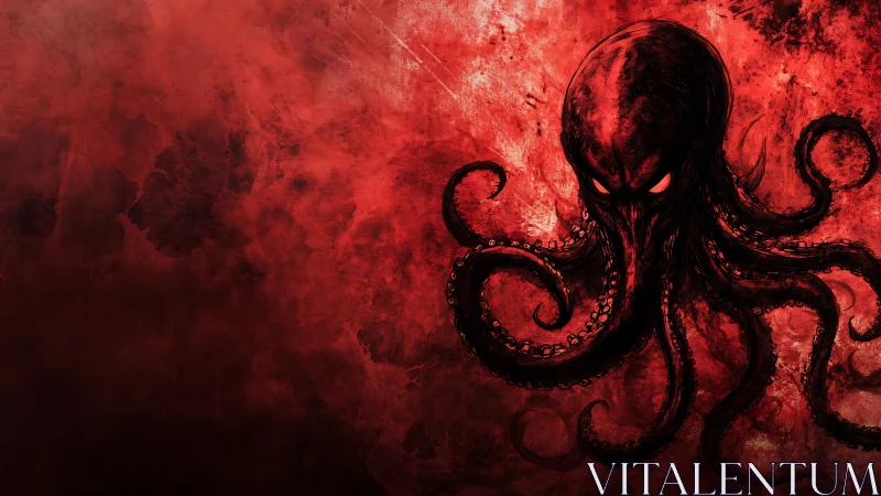 Red tentacled monster silhouette dominates textured background