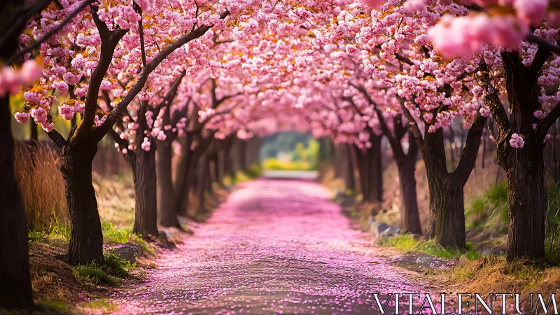 Cherry blossom tree tunnel framing quiet pink petal path.