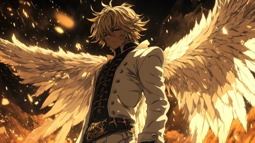 Golden-winged guardian rising from embers and twilight.