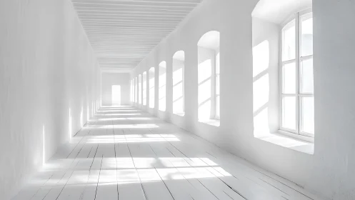 Sunlit white corridor stretches into a tranquil distance.