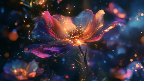 Luminescent Flower Form with Particle Effects in Darkened Environment