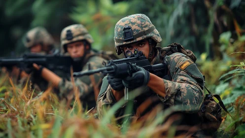 Infantry squad advances through dense jungle under fire.