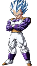 Blue‑haired anime warrior in armored suit with exaggerated musculature