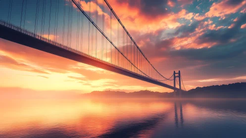 Golden hour suspension bridge spanning misty bay waters.