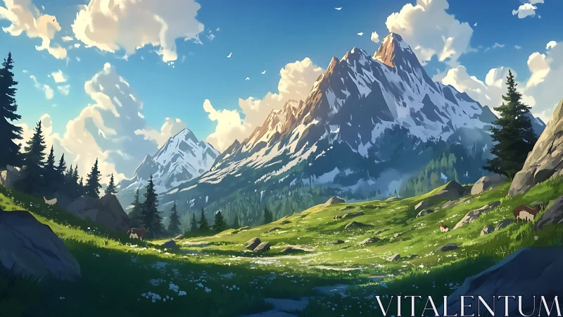 High-alpine meadow under stratocumulus-lit snow peaks.