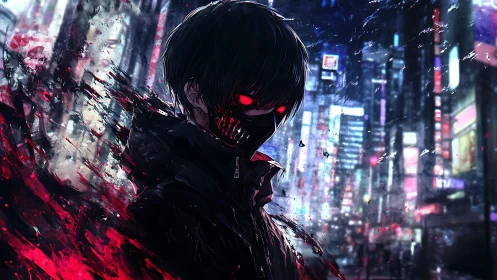 Masked figure with glowing eyes in fragmented cityscape.
