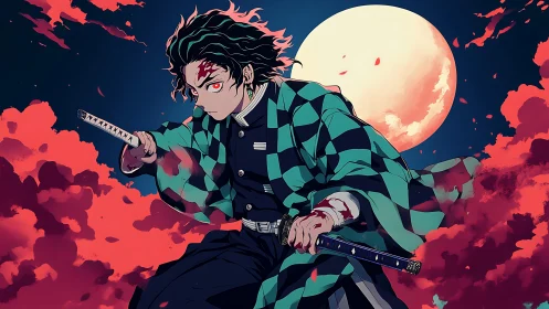 Battle-ready swordsman framed by full moon and red cloud strata