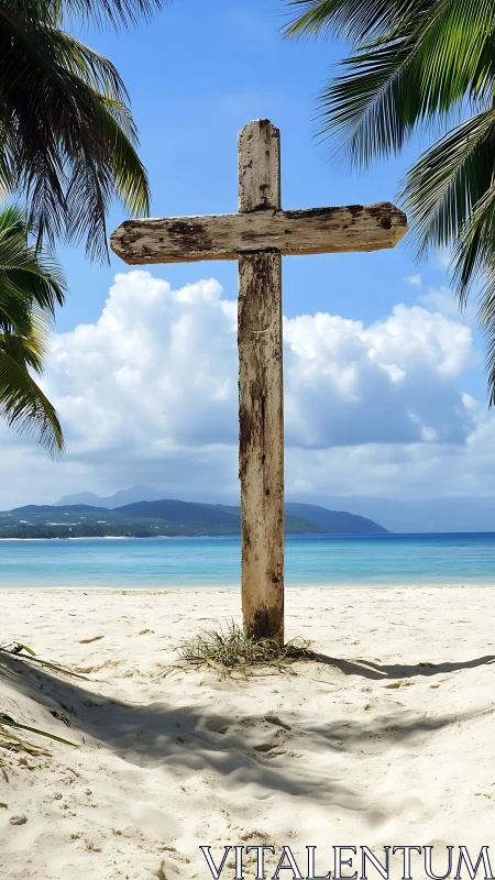 Weathered wooden cross on sunlit tropical beach shore.