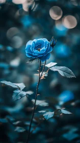 Blue rose glows softly against dreamy teal bokeh background.