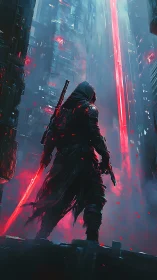 Hooded neon ronin stalking scarlet light canyons at dusk.