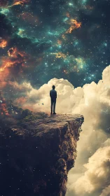 Solitary figure stands on cliff edge beneath dense starfield