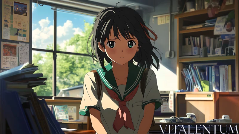 Sunlit schoolgirl pauses as afternoon quiet fills the clubroom