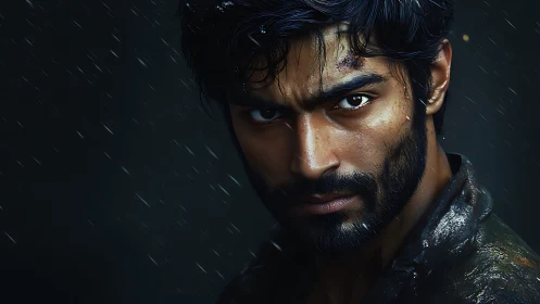 Brooding warrior’s intense stare through driving rain.