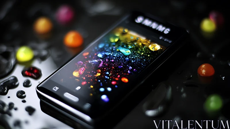 Samsung smartphone on wet surface with vivid screen colors.