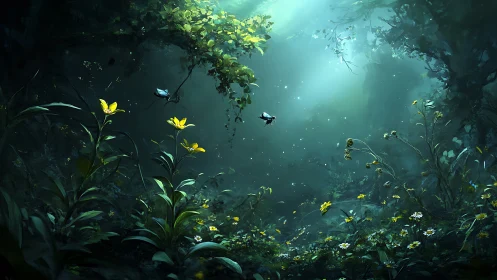 Bioluminescent forest glade with yellow wildflowers and insects