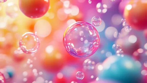 Colorful translucent bubbles against soft pastel bokeh.