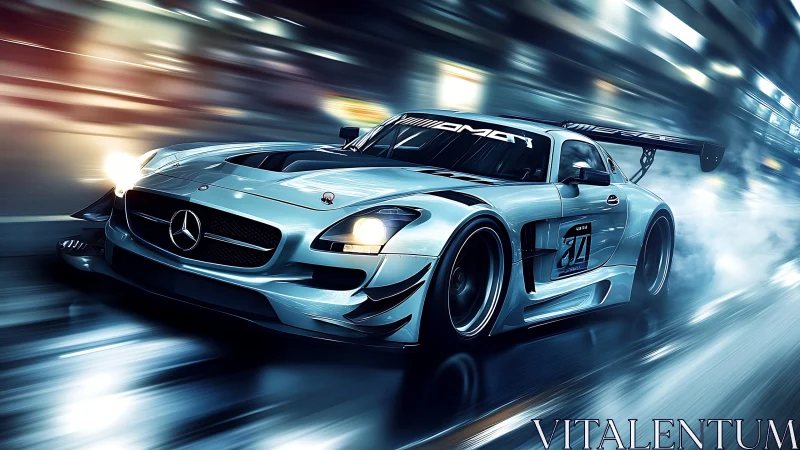 Silver race car powers through neon city night streets.