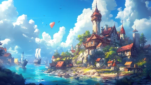 Medieval Coastal Castle Kingdom Architecture Fantasy.