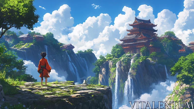 Young traveler gazes toward serene cliffside temples in wonder