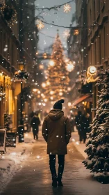 Solitary figure walks through glowing snowy Christmas street