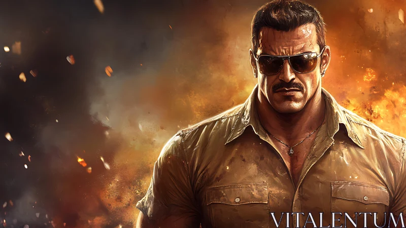 Tactical enforcer in burning embers with cinematic lighting.