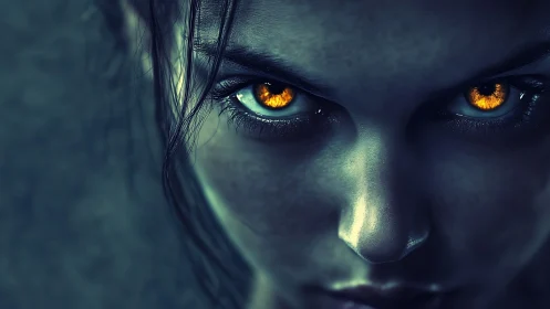 Predatory stare with molten amber eyes in teal shadow