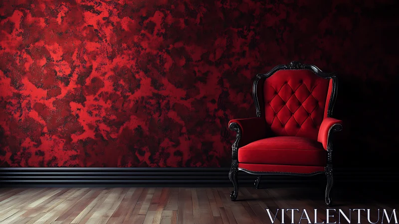 Red velvet wingback chair against textured crimson wall