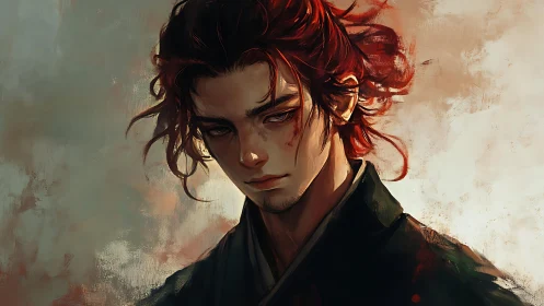 Battle-worn red-haired swordsman in moody chiaroscuro portrait