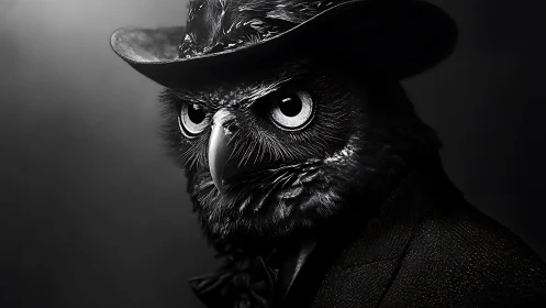 Dapper Owl in Suit and Hat, Dramatic Black and White Portrait.