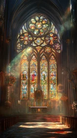 Gothic cathedral altar under radiant stained glass window.