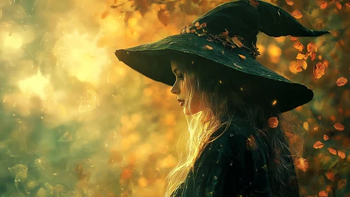 Side profile of witch figure in autumnal forest light.