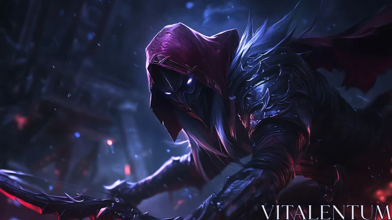 Armored hooded archer in dynamic low-key lighting with spectral glow