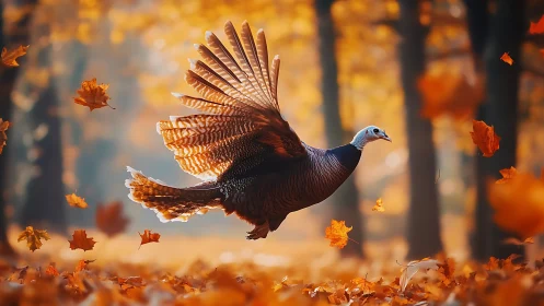 Wild turkey flying through autumn forest with vibrant falling leaves.