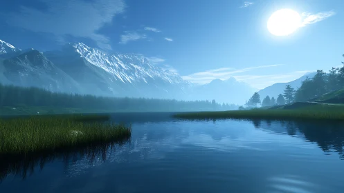 Quiet mountain lake glowing gently under soft blue light.