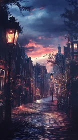Nocturnal cobblestone avenue with volumetric sunset lighting.