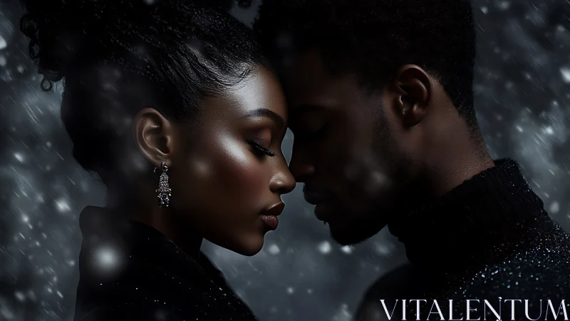 Two Figures in Profile Against Falling Snow and Shadows