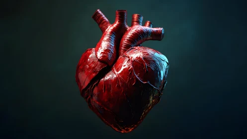 Realistic human heart illustration in dramatic lighting style.