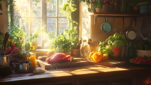 Sunlit rustic kitchen still life with peppers and fresh greens