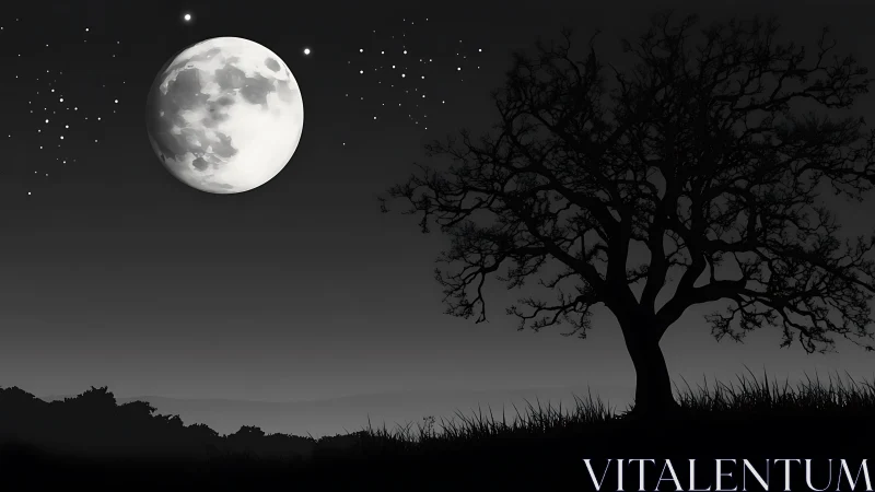 Full moon illuminates lone tree silhouette over quiet field