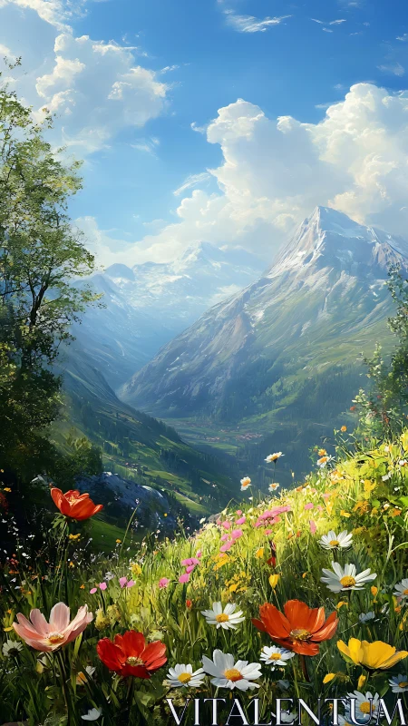 Mountain valley landscape with wildflower meadow foreground.