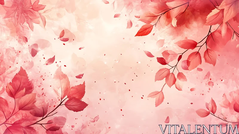 Gentle pink autumn leaves dancing in a dreamy soft sky.