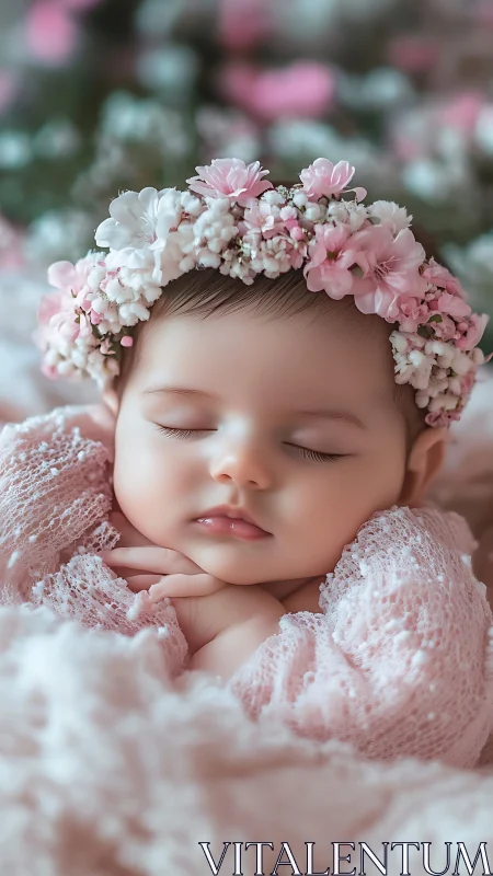 Sleeping baby adorned with delicate pink and white floral crown.