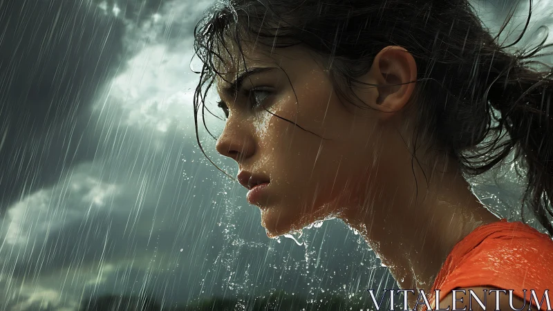 Young woman stands in heavy rain under dark storm clouds
