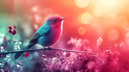 Vibrant songbird on branch in dreamy, colorful bokeh light.
