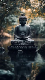 Quiet waterside Buddha statue inviting gentle reflection.
